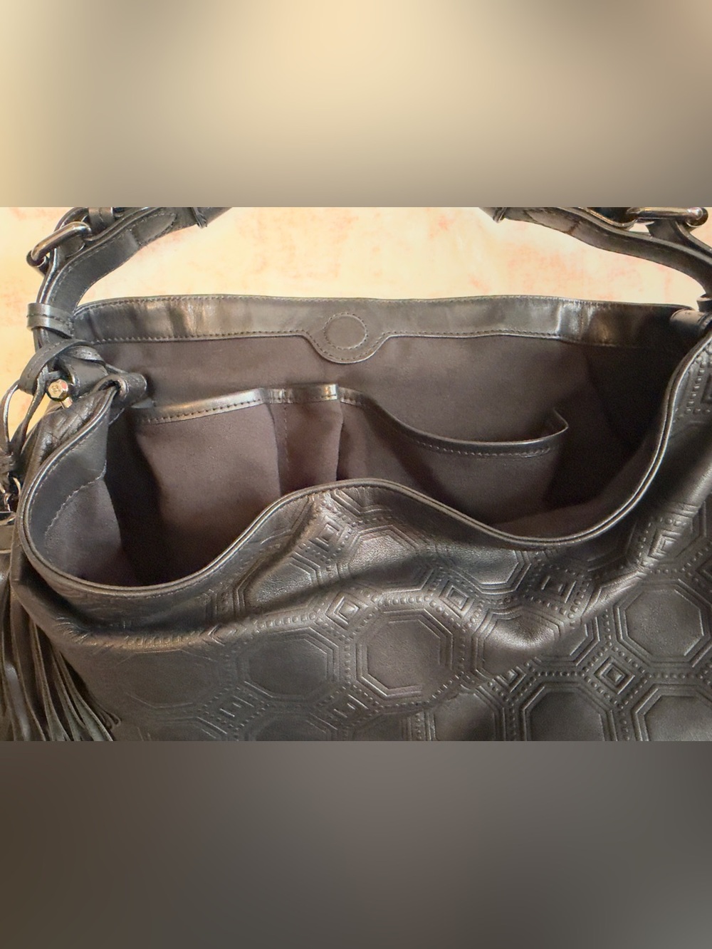 Vince Camuto Signature Black Embossed Leather Hobo Bag with Removable Tassels - Picture 3 of 11